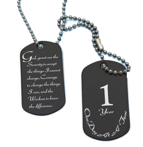 Black Double Dog Tag Necklace - Serenity Prayer & Any Year Clean