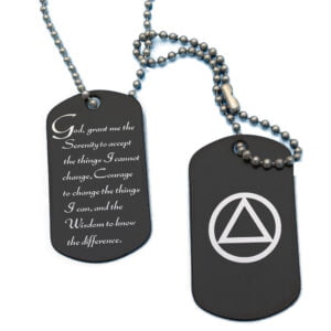 Black Double Dog Tag Necklace - Serenity Prayer & AA Symbol
