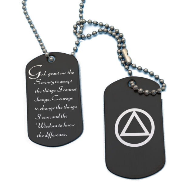 Black Double Dog Tag Necklace - Serenity Prayer & AA Symbol