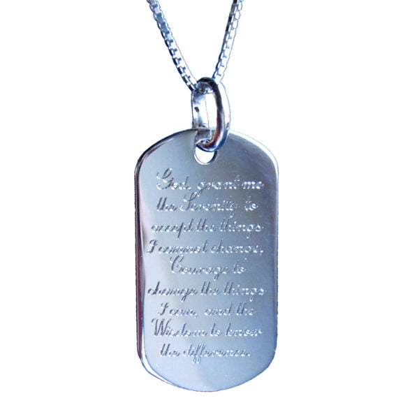 Serenity Prayer Small Dog Tag Necklace in Fine 925 Sterling Silver